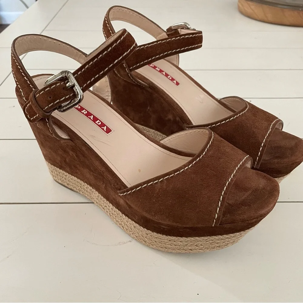 PRADA 3XZ170 Suede Platform Wedge Sandals Brown Espadrille Ankle Strap Size 36.5